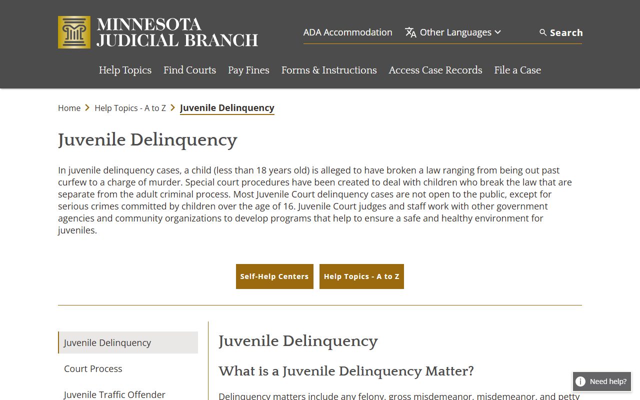 Minnesota juvenile delinquency help topic