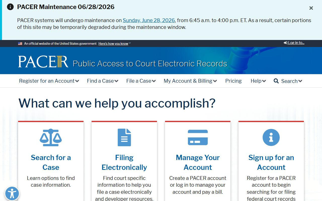 PACER registration page