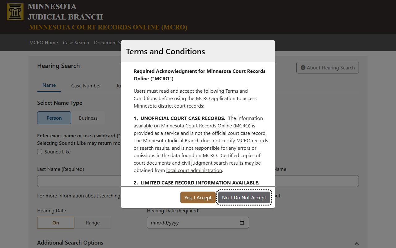 MCRO Hearing Search interface