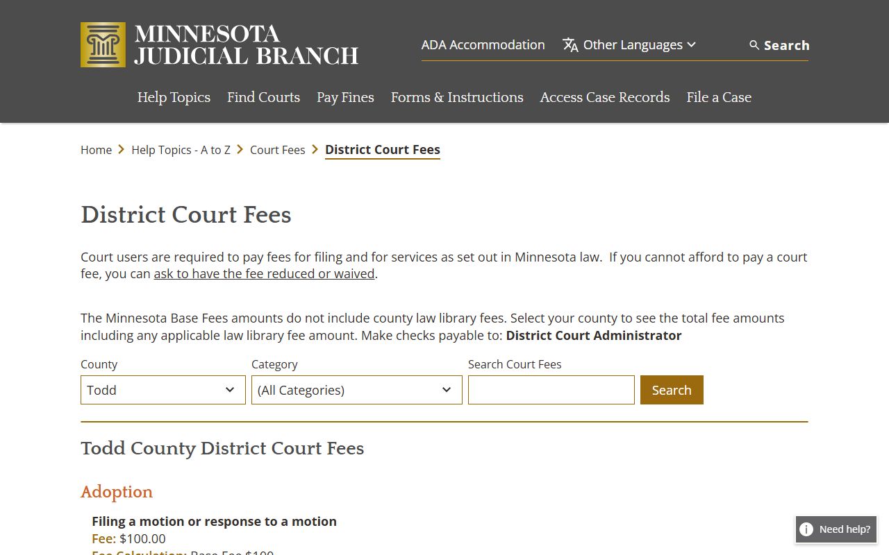 Todd County District Court fee schedule