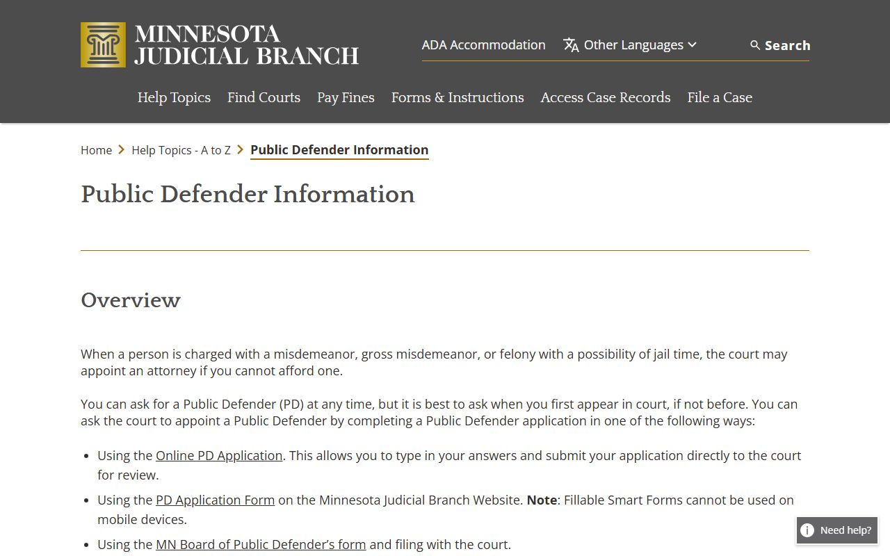 Minnesota public defender help topic